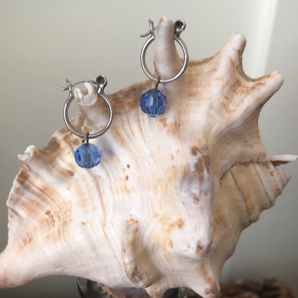 Silver Hoop Earrings with Blue Bead